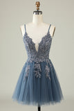 Cintas de Espaguete Cinza Azul Vestido Curto com Apliques