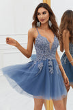 A Line Cintas de Espaguete Cinza Azul Vestido de Cocktail Com Apliques
