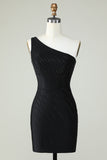 Bainha Um Ombro Preto Vestido Curto Homecoming com Missangas