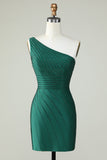 Bainha Um Ombro Verde Escuro Vestido Curto Homecoming com Missangas