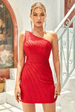 Um Ombro Vermelho Vestido Curto de Cocktail