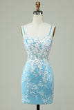 Cintas de Espaguete Azul Claro Vestido de Cocktail com Apliques