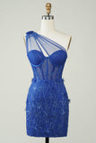 Bainha única de um ombro Royal Blue Short Homecoming Dress com apliques