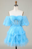 A Line Azul Tule Fora do Ombro Vestido de Cocktail
