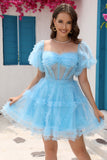Tule Azul Fora do Ombro Vestido Curto