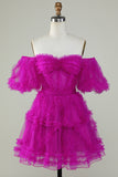 Elegante uma linha fora do ombro Fuchsia Tulle Corset Homecoming Dress