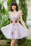 Roxo Deep V Neck Open Back Homecoming Vestido Com Flores 3D