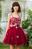 Borgonha Uma linha espaguete alças Homecoming vestido com flores 3D