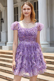 Uma linha roxa estampado Homecoming vestido com babados