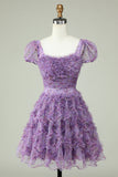 Floral A Line Roxo Vestido de Cocktail com Folhos