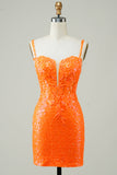 Glitter Orange Tight Homecoming Vestido com frisado
