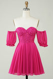 Fuchsia Corset A-Line Chiffon Vestido Curto Homecoming com Renda