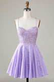 Espartilho roxo A-Line cetim curto homecoming vestido com renda