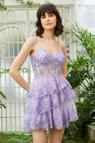 Espaguete Brilhante Correias Sequins Roxo Vestido Curto Homecoming