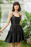 A-Line Spaghetti Correias Preto Vestido Curto Homecoming