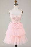 Trendy A-Line Sweetheart Pink Vestido Curto Homecoming com Folhos