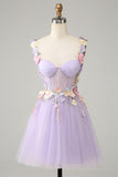 Espaguete roxo correias tule Homecoming vestido com flores 3D