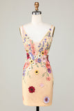 Bodycon Deep V-Neck Champagne Vestido Curto Homecoming com Apliques