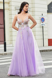 Lindo A Line Spaghetti Straps Lilac Long Prom Dress com Apliques