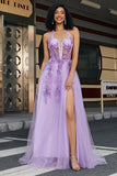 Lindo A Line Halter Neck Grey Purple Corset Prom Dress com Apliques