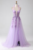 Cinzento roxo A-Line Halter pescoço frisado longo vestido de baile
