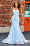 Azul claro brilhante frisado sereia longo vestido de baile