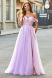 Off The Shoulder Lilás A-Line Beaded Corset Prom Dress
