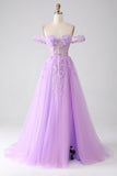 Lilás A-Line Off The Shoulder Beaded Corset Prom Dress