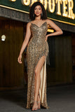 Sereia brilhante Golden Long Fringed Prom Dress com Fenda