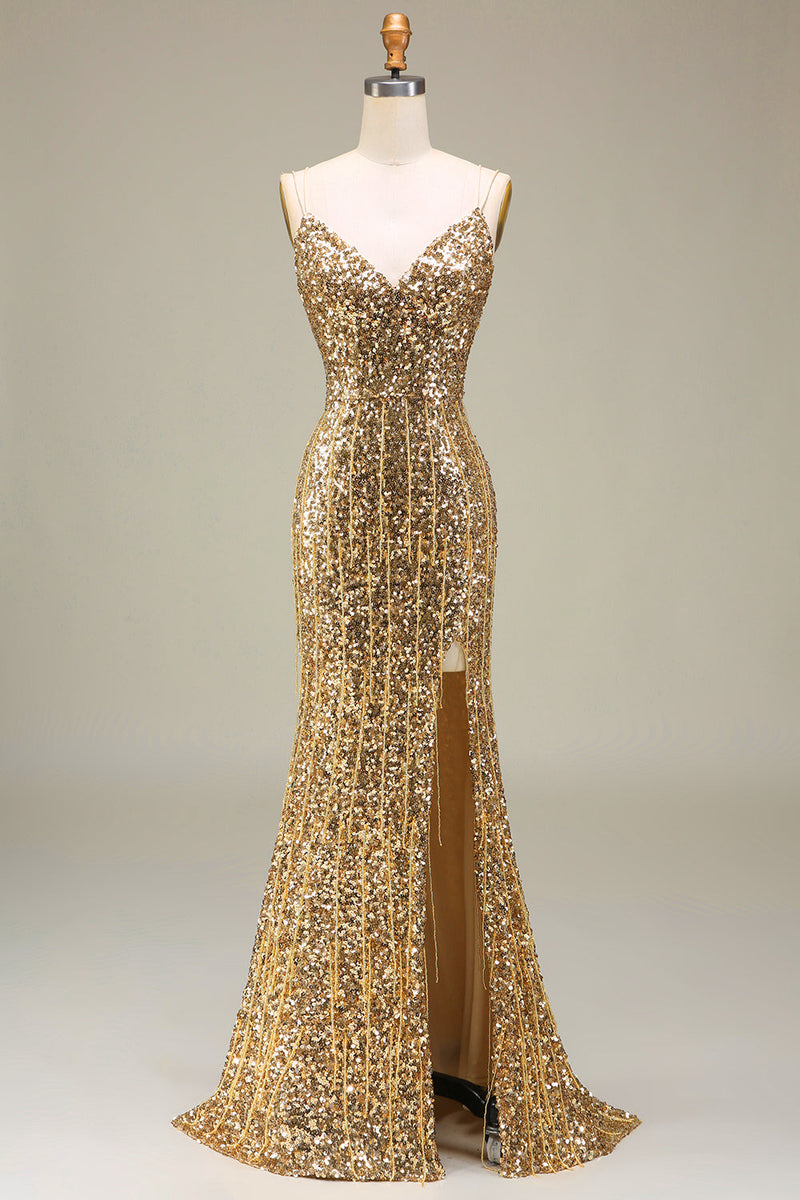 ZAPAKA Mulheres brilhantes dourado vestido longo baile com fenda