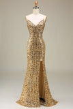 Sereia brilhante Golden Long Prom Dress com fenda