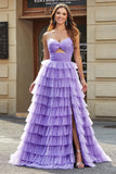 Tule A-Line roxo Tiered Long Prom Dress com fenda