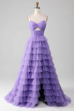 Vestido de baile longo em camadas de tule roxo A-Line com fenda