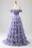 Fora do ombro floral estampado vestido de baile de formatura com pregas