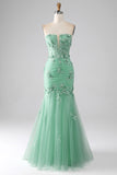 Sereia Verde Strapless Tule Long Prom Dress com Apliques