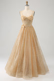 Glitter Espartilho Dourado Vestido Longo Baile de Formatura com Flores