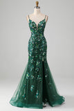 Sereia Lace-Up Back Vestido de Baile Verde Escuro com Apliques