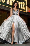 Brilhante A-Line V-Neck Silver Mirror Prom Dress com fenda