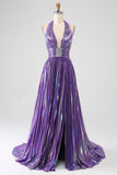 Glitter roxo plissado metálico longo vestido de baile com fenda