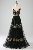 Preto A-Line Alças Esparguete Bordado Longo Corset Prom Dress