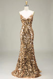 Vestido de baile de lantejoulas dourado brilhante sereia com fenda