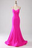 Fúcsia Sereia Halter Neck Backless Long Prom Dress