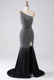 Sereia Preta Brilhante Um Ombro Corset Prom Dress