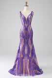 Roxo Escuro Sereia V Pescoço Sequins Long Prom Dress
