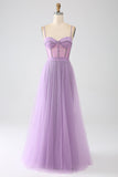A-Line Lilac Esparguete Correias Longo Corset Prom Dress