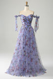 Lavanda Floral Estampa Tulle Prom Vestido com Pississados