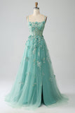 Verde A-Line Spaghetti Straps Long Corset Prom Dress com Apliques