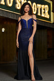 Sparkly Marinha Sereia Long Corset Beaded Prom Dress com Fenda