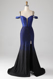 Sparkly Marinha Sereia Long Corset Prom Dress com Fenda
