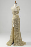 Golden One Shoulder Fringe Vestido de Baile de Lantejoulas Com Fenda